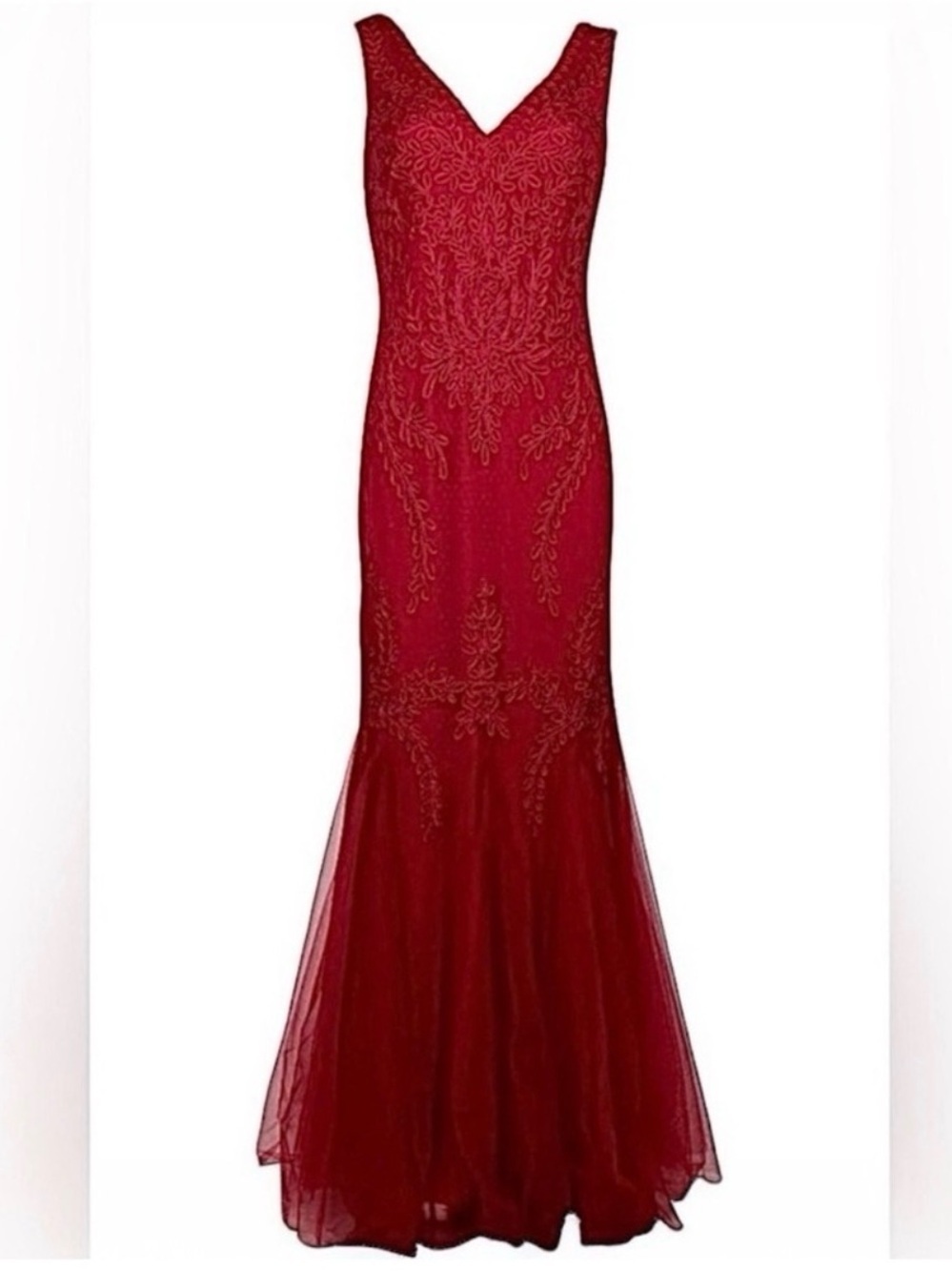 Cachet Red Soutache Embroidered Tulle Mermaid Gown 4